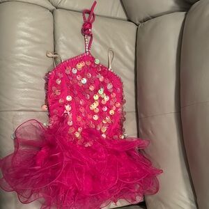 Vibrant Pink Sequin Dance Costume with Tulle Skirt